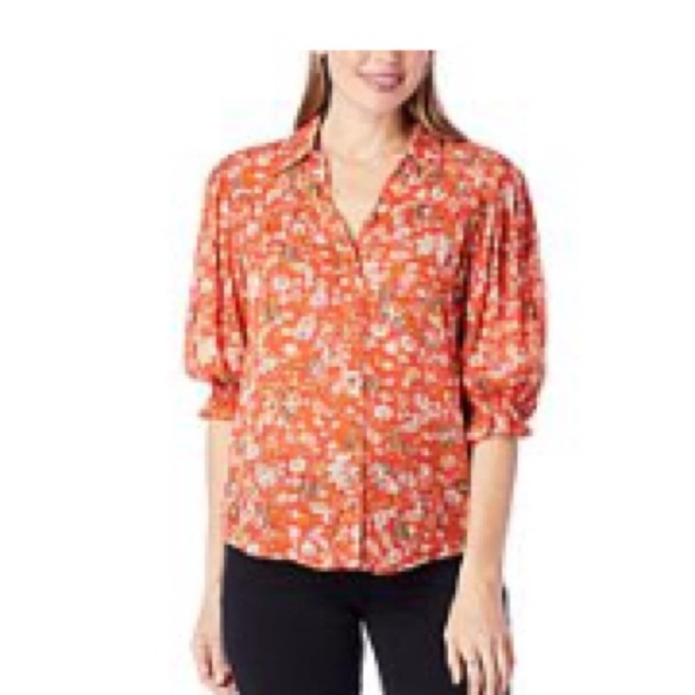 NWT Democracy Orange Floral 3/4 Sleeve Blouse Size Medium
